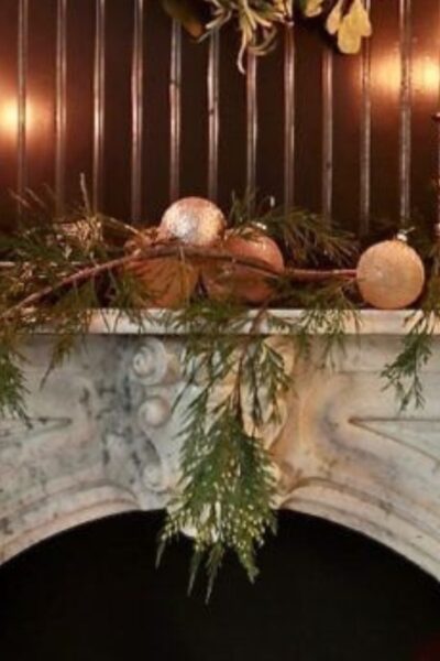 Cozy Fireplace Christmas Vintage Moody ornaments greenery candles Traditional